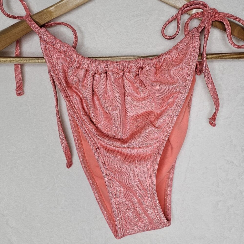 NWT Womens Cheeky Side-Tie Adjustable High Leg Bikini Bottom S Pink Metallic
